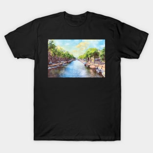 Amsterdam canal boats watercolor art painting T-Shirt